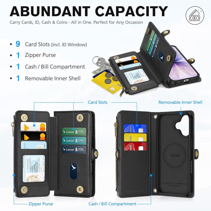 TUCCH Crossbody Detachable Wallet Case for iPhone 17 (6.3") 2025, 9 Card Slots RFID Blocking | Wireless Charging | Wrist Strap | Lanyard | Stand | Zipper Pocket | PU Leather Shockproof Cover | Black - Image 3